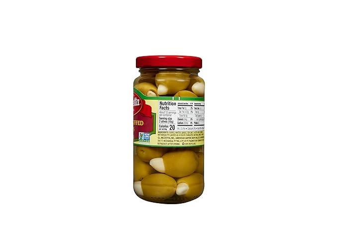Mezzetta Garlic Stuffed Olives - Greek Green Olives with Fresh Garlic from California - Savory Flavor for Grilled Steak and Appetizers - 100% Natural Gourmet Snack Non-GMO - 6 Oz Jar - Pack of 6