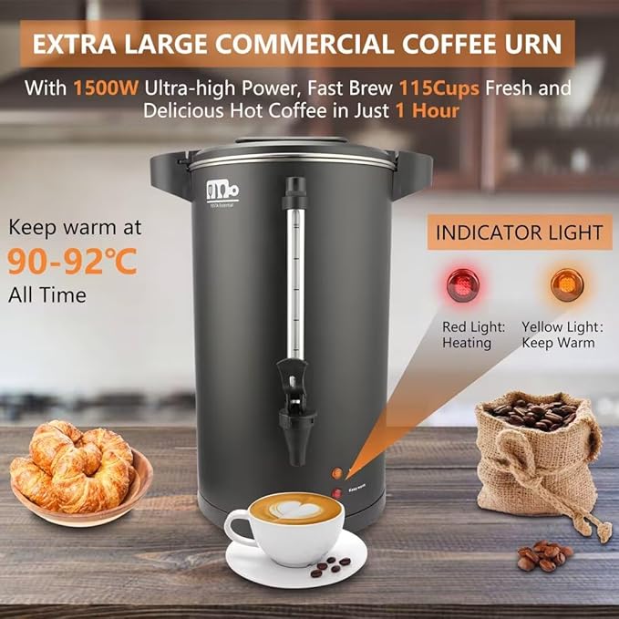 115-Cup 20L Commercial Coffee Urn, Festa Essential 1500W Double Wall Large Percolate Coffee Maker Stainless Steel Hot Water Urn Dispenser with Double Dripless Faucet, Quick-Brewing for Catering, Black