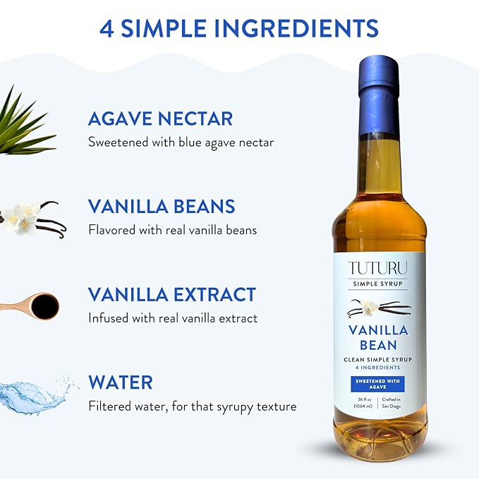 Vanilla Bean Agave Simple Syrup for Coffee & Cocktails - Sweetened with Organic Agave Nectar - Infused with Real Vanilla Bean - 36 oz