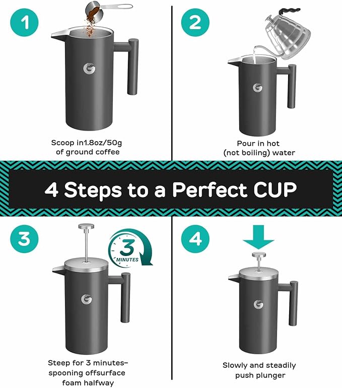 Coffee Gator 304 Grade Stainless Steel French Press Coffee Maker 34 oz, Double Wall Insulated Hot Cold Brew Teapot with 4-Level Filtration System, Include Travel Jar Canister, Rust-Free, Kitchen, Gray