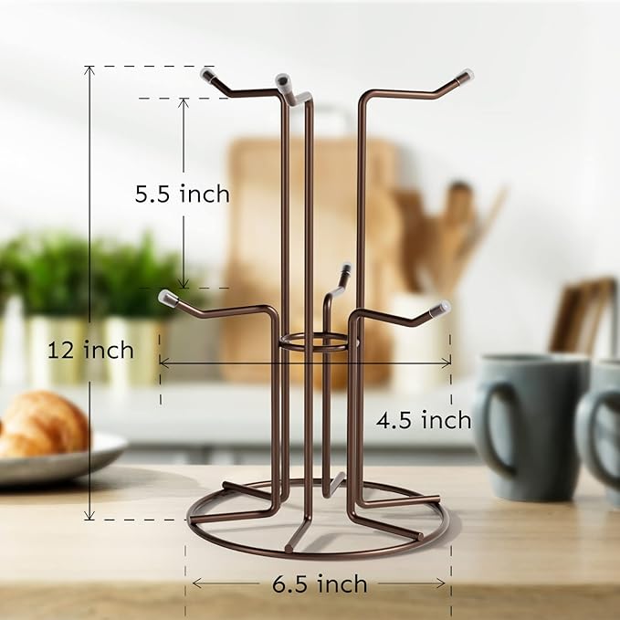 HULISEN Mug Holder for Large Cups, Mug Tree for Counter with 6 Hooks, Metal Coffee Mug Stand for Easy Pick, Place and Display, Coffee Bar Accessories and Decor, Free Standing Mug Rack, Brown