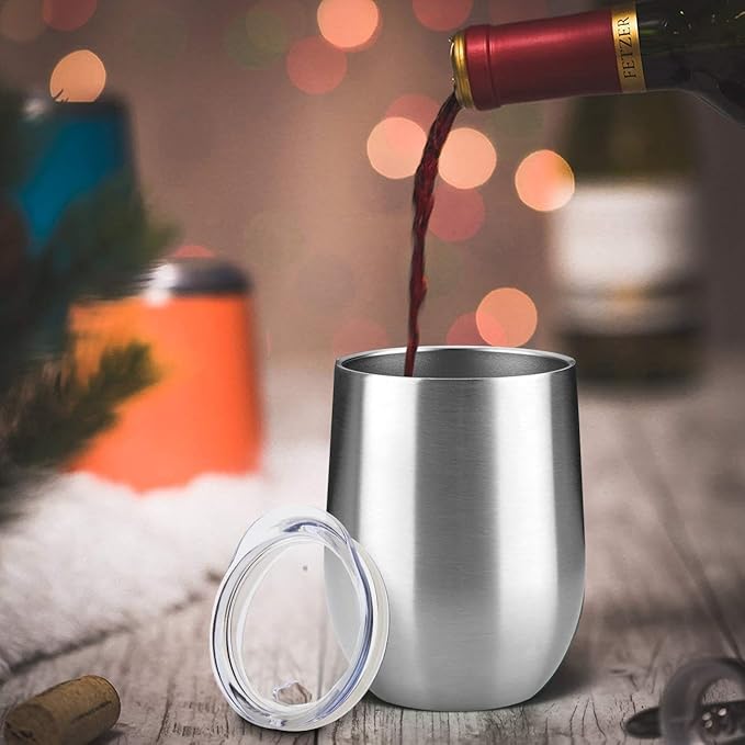 MEWAY 12oz Wine Tumbler 16 Pack Bulk Gifts for Women,Double Wall Vacuum Stainless Steel Travel Mug with Lid,Insulated Stemless Wine Cup Glass for Coffee,Cocktails,Drinks(Sliver,Set of 16)