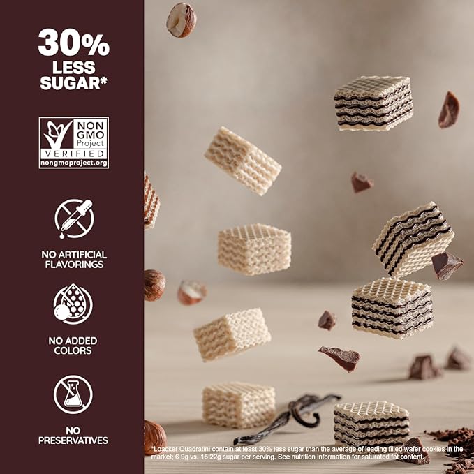 Loacker Quadratini Cocoa & Milk Wafer Cookies LARGE - 30% Less Sugar - Premium Crispy Bite Size Cocoa Wafers - NON-GMO - LARGE Pack of 6