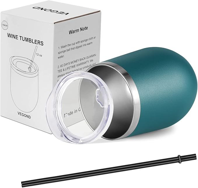 VEGOND 12oz Stainless Steel Wine Tumbler with Lid and Straw, Double Wall Vacuum Insulated Stemless Wine Glass Tumbler Cup, Coffee Mug for Cold Hot Drinks