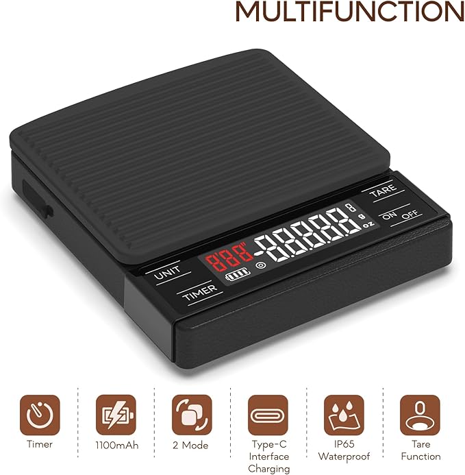 MAXUS Coffee Scale with IP65 Waterproof Design, USB Rechargeable 1000mAh Battery, Espresso Scale with Timer 2kg/0.1g High Precision, Ideal for Brewing and Pour-Over Coffee