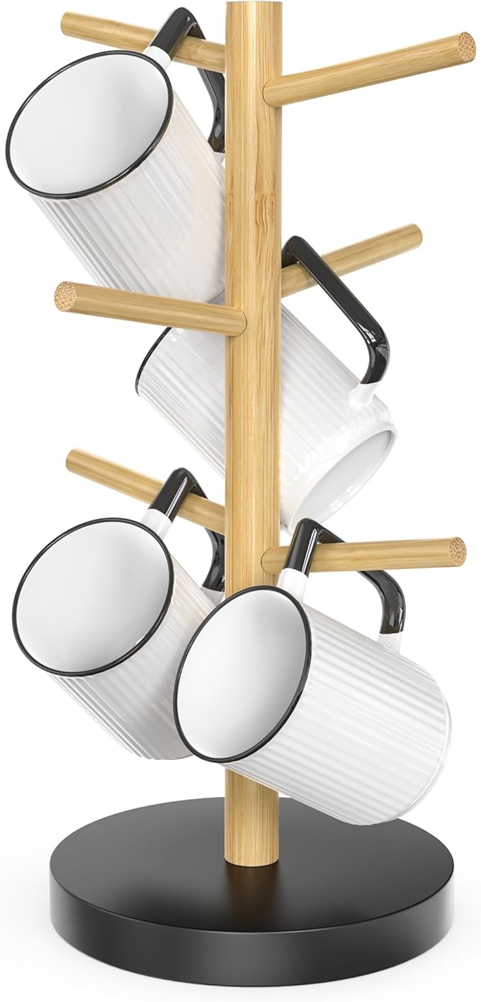 Wisuce Bamboo Mug Holder - Black Coffee Mug Tree Stand for Countertop - Organizer