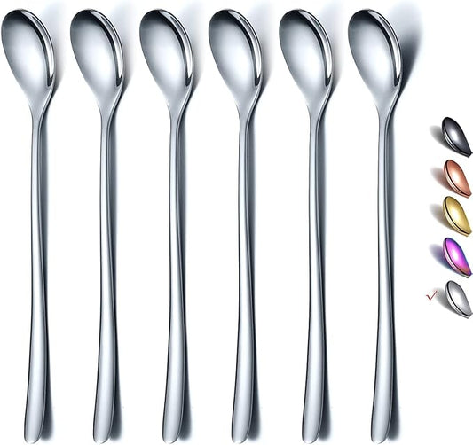 Premium Stainless Steel Coffee Stirrer Set, Long Handle, Ice Tea & Cream Spoons, Cocktail Stirrer - Set of 6 (Silver)
