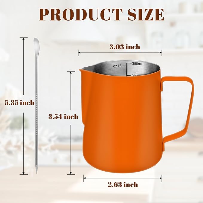 Milk Frothing Pitcher, 12 oz Milk Frother Cup with Clear Scale, 304 Stainless Steel Cappuccino Espresso Machine Accessories for Barista Coffee Bar with Latte Art Pen, Orange