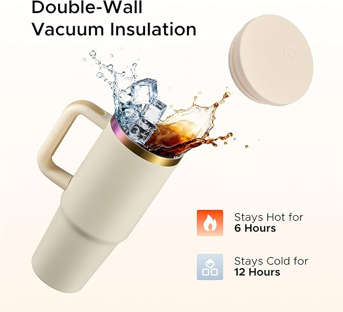 OMTech 40 oz. Tumblers with Handle & Lid, 12 Pack Tumbler Bulk with Double Wall Vacuum Insulation, Food-Grade Stainless Steel Insulated Coffee Mug, Sweatproof Travel Mug for Hot Cold Drinks, Cream