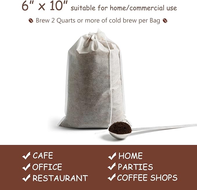 Cold Brew Coffee Bags 60 Count Disposable Fine Mesh Brewing Bags for Concentrate/Iced Coffee Maker, French/Cold Press Kit, Hot Tea in Mason Jar or Pitcher, 6 x 10 Inches