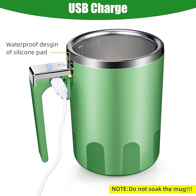 Self Stirring Coffee Mug: 2025 New Rechargeable Auto Magnetic Stirring Mixing Mug with Temperature Display,13oz Stainless Steel Travel Coffee Cup for Office, Home, Kitchen, Best Gift (Green)