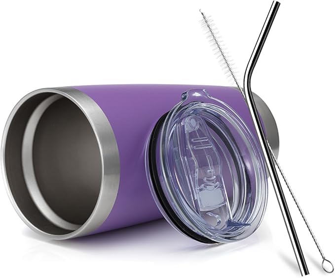 COMOOO 20oz Double Wall Vacuum Insulated Travel Mug Bulk Stainless Steel Tumbler with Lid and Straw Durable Powder Coated Insulated Coffee Cup for Cold & Hot Drinks (Purple, 12 Pack