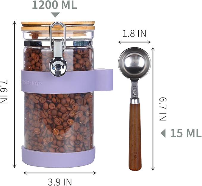 KKC Airtight Coffee Canister, Glass Coffee Bean Storage Contaienr with Silicon Scoop Holder, Non-Slip Silicon Coffee Storage Canister with Spoon for 1 lb Bean,40 Fluid-oz,Taro Purple