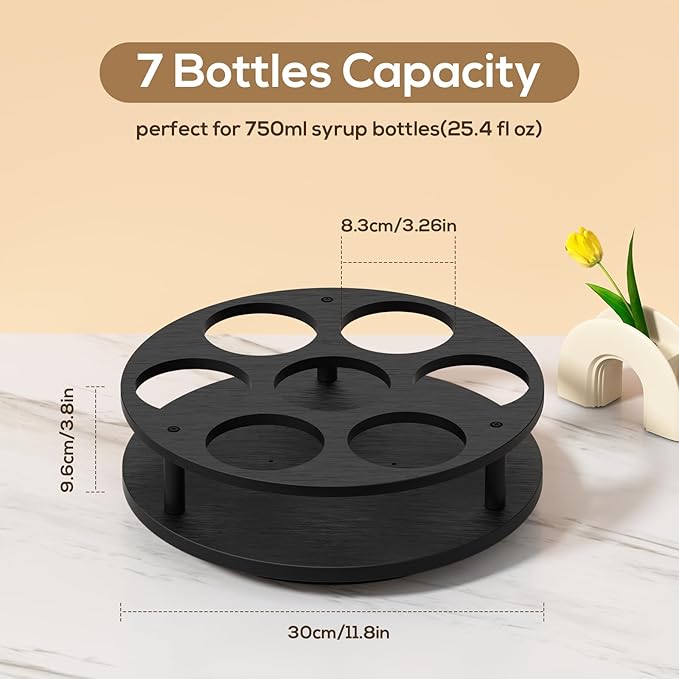 THYGIFTREE Rotating Coffee Syrup Organizer 7 Bottles Syrup Rack for Countertop Wood Syrup Bottle Holder Stand for Coffee Bar Station, Turntable Wine Display Tray, Black