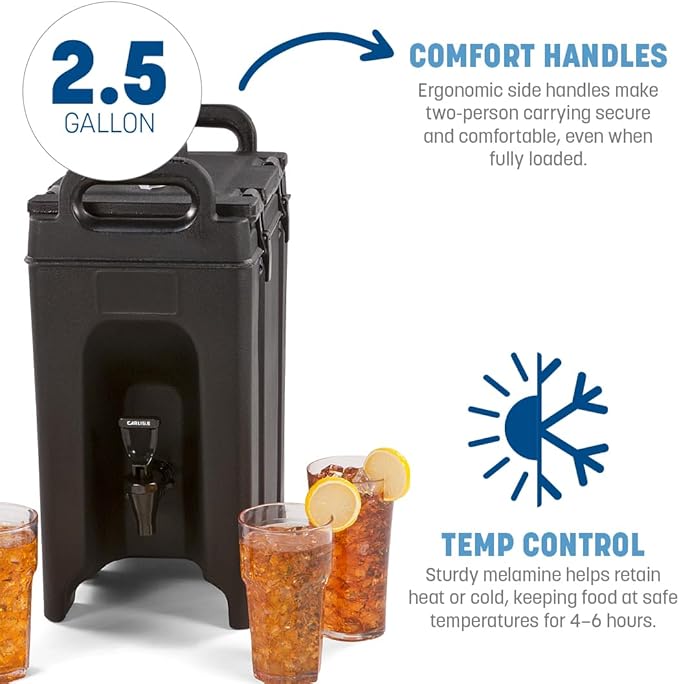 Carlisle FoodService Products Cateraide Insulated Beverage Dispenser with Handles for Catering, Events, Kitchens, And Restaurants, Plastic, 2.5 Gallons, Black