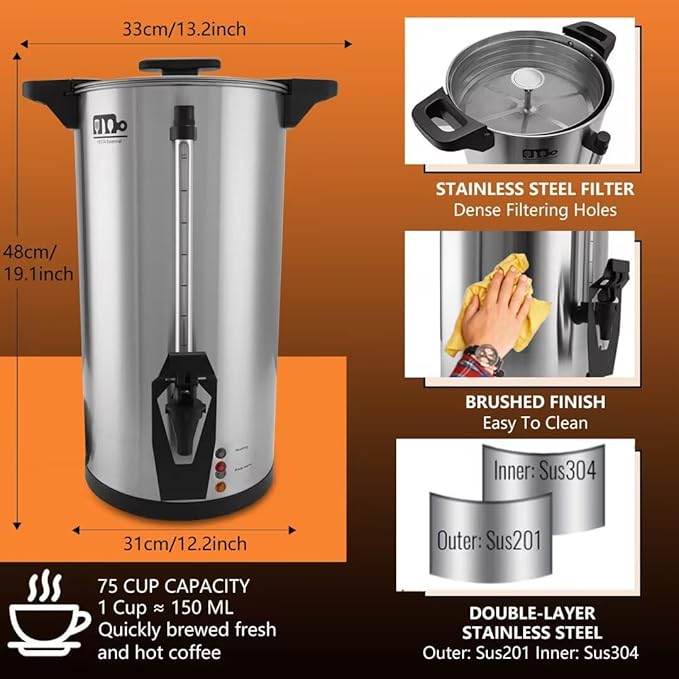75 Cup 12L/3.17Gallon Commercial Coffee Urn, Festa Essential 950W Large Percolate Coffee Maker, Hot Beverage dispenser With Double Dripless Faucet, Quick-Brewing Hot Water Urn for Catering,Home,Events