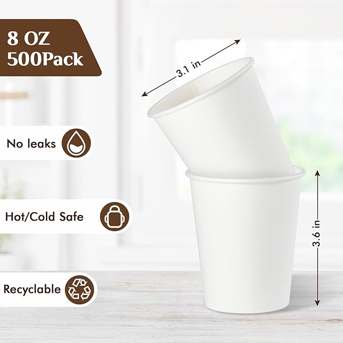 Vplus 500 Pack 8 OZ Paper Coffee Cups, Disposable 8 OZ Coffee Cups With Lids, Cold/Hot Drinking, For Home, Traveling, Stores, Office, And Events
