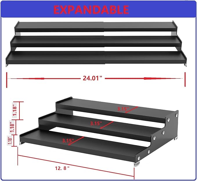 Spice Rack Organizer for Cabinet, 3 Tier Expandable Spices Storage, Great for Kitchen Cabinets, Cupboard,Pantry and Countertop More 2 Packs/Black