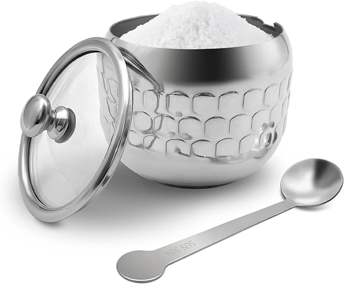Stainless Steel Sugar Bowl Coffee Seasoning Jar Condiment Pot Spice Container Canister Cruet with Glass Lid and Spoon