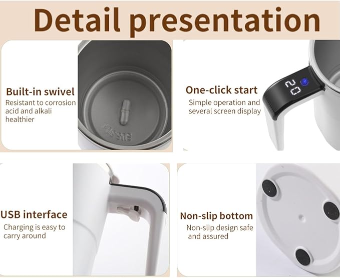 Electric Coffee Mug with a Built-in LCD Thermometer, Automatic Magnetic Stirring Coffee Mug, 380ML/13OZ, Stainless Steel Self Stirring Cup with Lid, Perfect for Brewing Coffe-e, Milk, Cocoa (White)