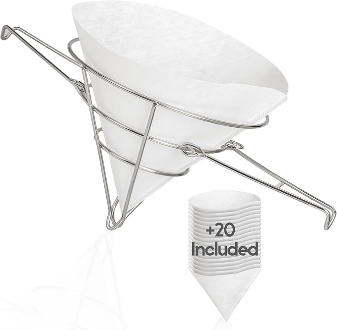 Cleaner Oil, Better Filtration – Stainless Steel Cone Filter Holder with 20 Paper Filters | 10-Inch Cone Filters for Longer-Lasting Frying Oil & Maple Syrup