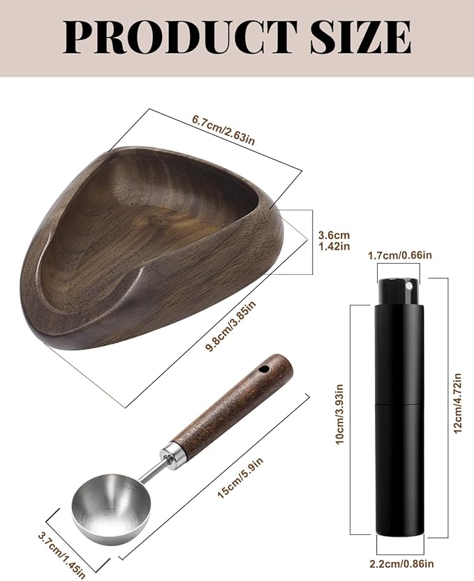 Coffee Bean Dosing Cup Set, Walnut Dosing Tray with 15ml Stainless Steel Measuring Spoon & 10ml Coffee spray bottle, Espresso Accessories for Baristas and Home Brewers