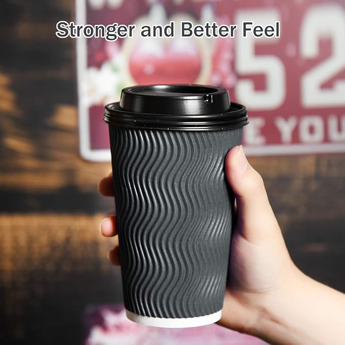 Disposable Coffee Cups with Lids and Straws - 16 oz (90 Set) Togo Hot Paper Coffee Cup with Lid To Go for Beverages Espresso Tea Insulated Reusable Cold Drinks Ripple Cups Protect Fingers From Heat