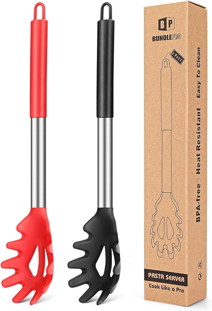 Pack of 2 Silicone Pasta Fork, Kitchen Heat Resistant Noodle Spoon Server, BPA Free Spaghetti Strainer, Best Cooking Tools (BLACK-RED)