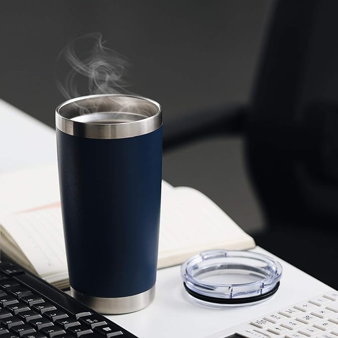 COMOOO 20oz/8Pack Double Wall Vacuum Insulated Coffee Travel Mug Stainless Steel Tumbler Bulk with Lid and Straw Durable Powder Coated Insulated Coffee Cup for Cold & Hot Drinks, Navy, 8 Pack