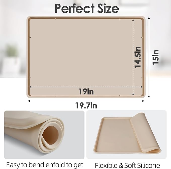Silicone Coffee Maker Mat with Lip, 19.7'' x 15'' Heavy Duty Coffee Maker Mat for Countertops, Coffee Tray Fit Under Coffee Machine Appliance Automatic Machines Espresso Accessory, Khaki