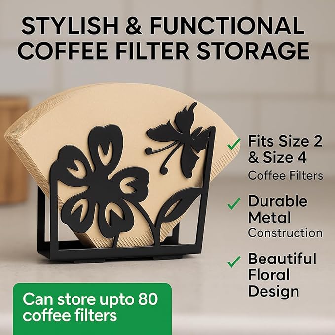 Butterfly napkin holder Set – 2 Pack Black metal napkin holder in the shape of a flower & Coffee filter holder for Kitchen, Dining & Coffee Bar – Fits Everyday, Cocktail Napkins & Filters Size 2 & 4