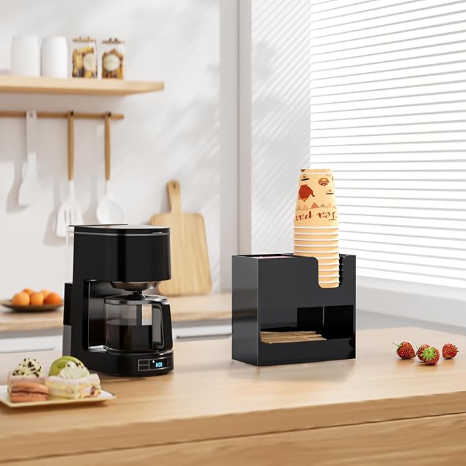 Coffee Condiment and Cup Organizer - 2-Tier Upright Cup and Lid Holder with Straw Organizer 3 Compartments Black Acrylic Cup Dispenser for Restaurant Breakroom Coffee Station Countertop