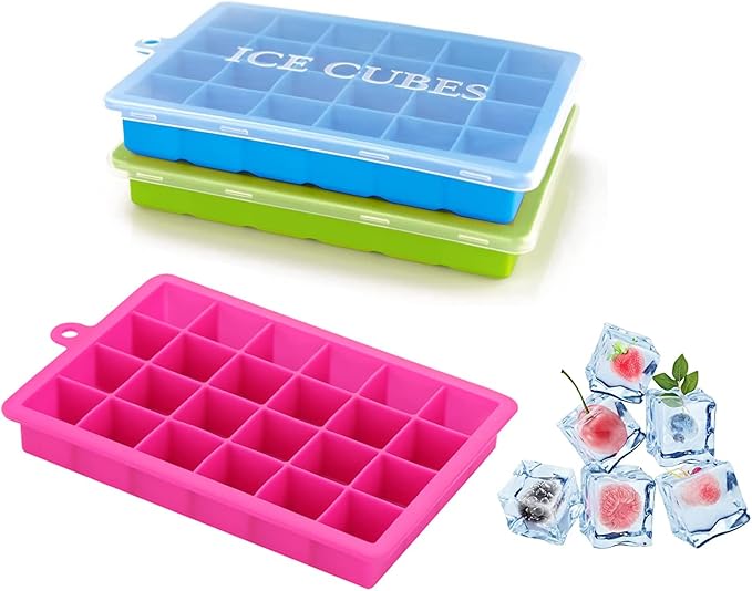 Ice Cube Tray, 3 Pack Silicone Ice Cube Molds, Ice Cube Trays, Silicone Ice Trays, Easier to Release, BPA Free for Alcohol/Coffee/Beverages (Blue, Green, Rose red)