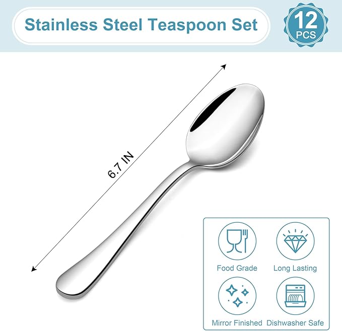 TeamFar Teaspoon Set of 12, 6.7 Inch Stainless Steel Mini Tea Spoons, Small Spoon Silverware for Coffee Tea Soup Dessert, Non-Toxic & Heavy Duty, Mirror Polished & Dishwasher Safe