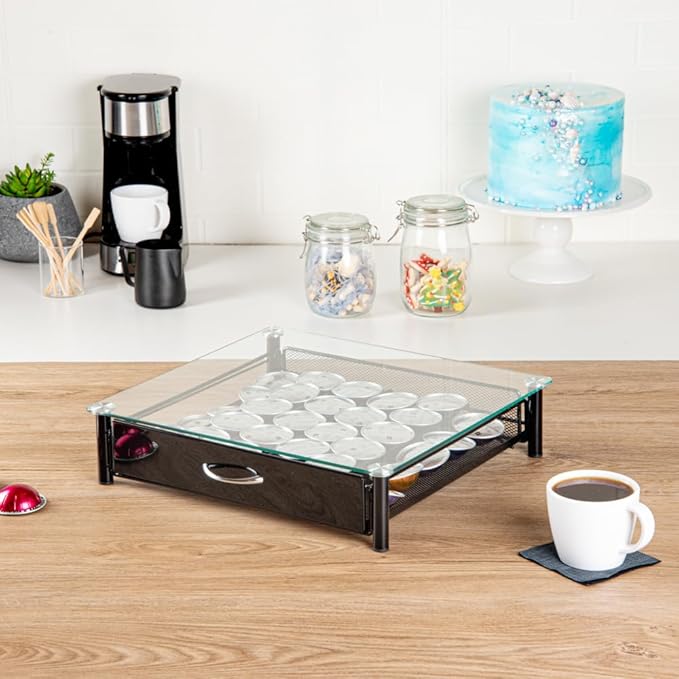 Restaurantware Restpresso 15.2 x 13.6 x 3.4 Inch Coffee Capsule Drawer, 1 Heavy-Duty Pod Drawer - Holds 36 K-Cups, Glass Top, Iron Espresso Pod Organizer, Mesh Tray, Pods Not Included