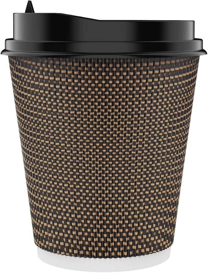 LITOPAK 80 Pack 10 oz Paper Coffee Cups, Insulated Ripple Wall Hot Coffee Cups with Lid and Straws, Brown Three Layer Insulated Hot Beverage Cups for Parties, Picnic, and Travel