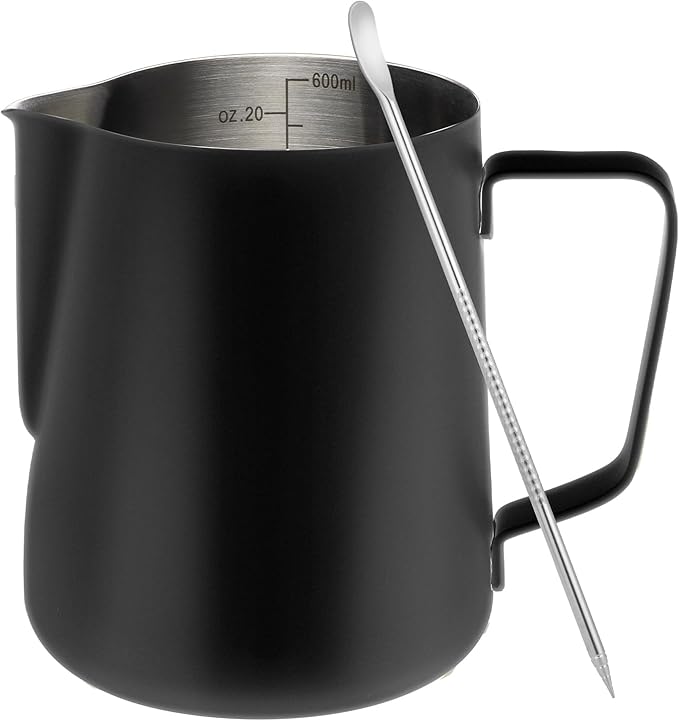 Milk Frothing Pitcher, 20oz Milk Frother Cup with Clear Scale, 304 Stainless Steel Cappuccino Espresso Machine Accessories for Barista Coffee Bar with Latte Art Pen, Black