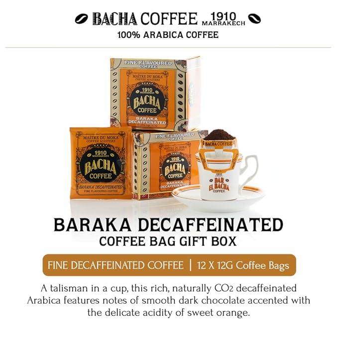Bacha Coffee | Baraka Fine Flavoured, 100% Arabica Specialty Coffee Beans, Medium Roast, x12 Individually Wrapped Single Serve Filter Bags
