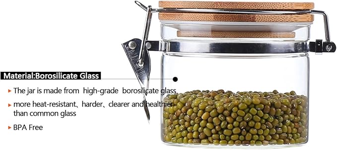 KKC HOME ACCENTS Clear Borosilicate Glass Storage Jars with Airtight Locking Clamp Lids,Glass Jar Canisters,Sealed Glass Jars with Bamboo Lid,Air tight Brown Sugar Salt Container,15 Fluid-oz