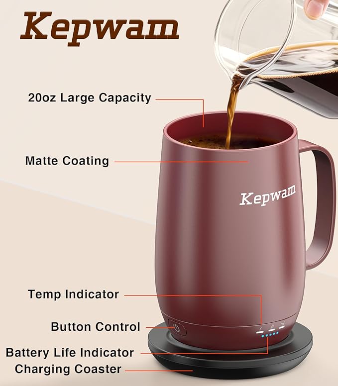 Heated Coffee Mug T2-Plus, 20oz Leading Large Capacity Self Heating Mug, Up to 8 Hrs Battery & Hot Up to 149℉, Smart Coffee Mug for Women, Men