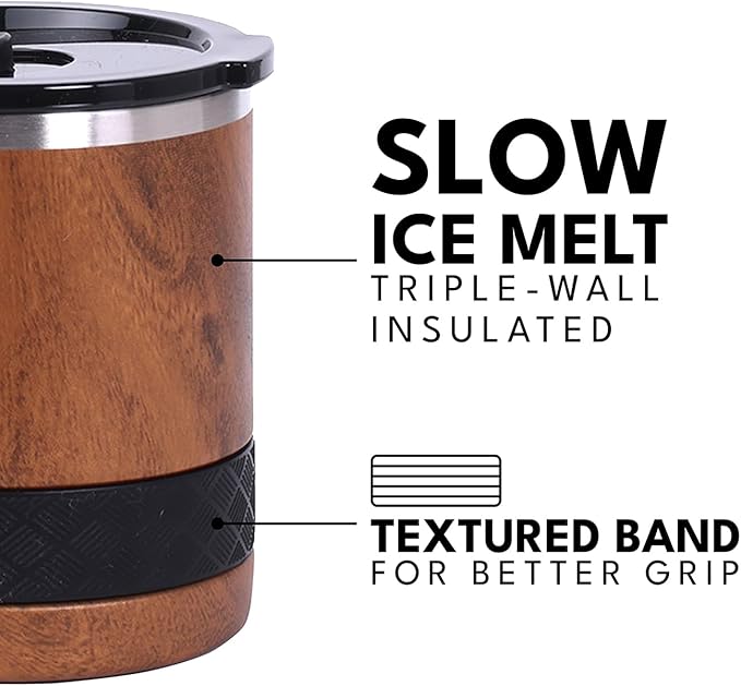 Elemental Recess Lowball Tumbler, 10oz Triple Wall Stainless Steel Cup with Non-Shattered Tritan Lid, Insulated Whiskey Glass, Insulated Coffee Tumbler Mug for Hot & Cold Drinks - Teak Wood