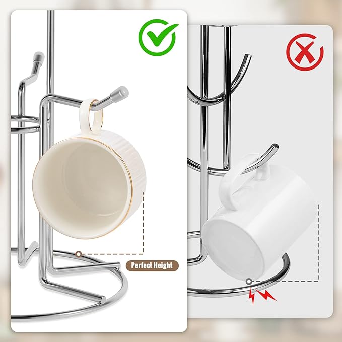 HULISEN Coffee Mug Holder for Countetop, Cup Tree for Counter Large Mugs with 6 Hooks, Metal Cup Holder Stand, Standing Rack Display for Coffee Bar, Silver