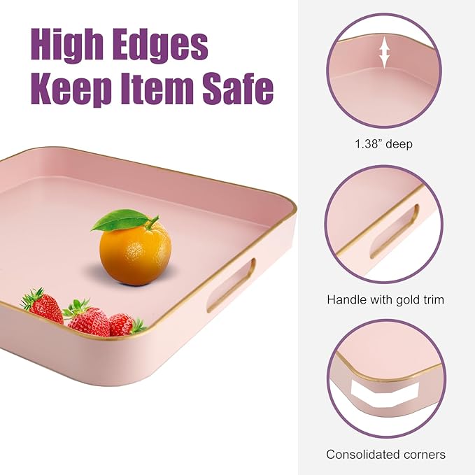 Gifturbo Pink Square Decorative Tray,Serving Tray with Handles with Gold Trimming Plastic Coffee Table Tray for Ottoman, Living Room, Home Decor,Bathroom with Gold Trimming, 13” x 13” x1.57”