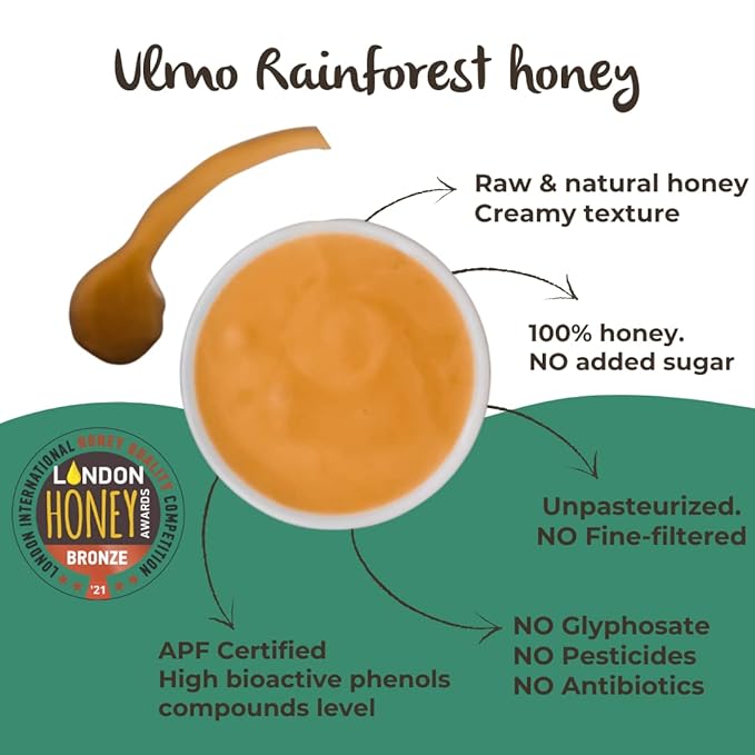 Ulmo Rainforest honey APF 200+ by Terra Andes Plus. Raw natural organic honey. Highest bioactive grade. Made in Chilean Patagonia. 100% pure. NON Gmo. Awarded worldwide. (8.8 oz)