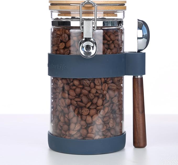 KKC Airtight Coffee Canister, Glass Coffee Bean Storage Contaienr with Silicon Scoop Holder, Non-Slip Silicon Coffee Storage Canister with Spoon for 1 lb Bean,40 Fluid-oz, Indigo
