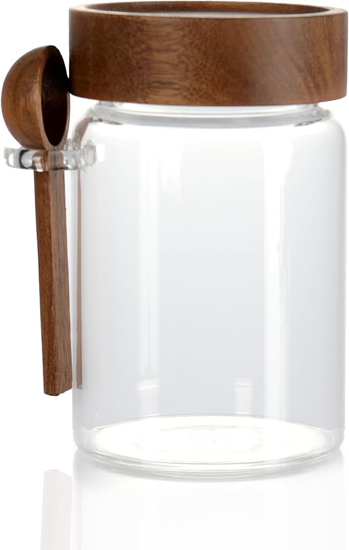 15 oz/450 ml Glass Storage Canister with Airtight Wooden Lid, Clear Small Decorative Container Jar with Spoon for Salad Overnight Oats Snacks Yogurt Cereal Fruit Spice Sugar Coffee Candy Salt