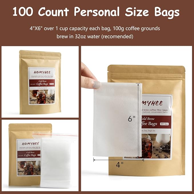 No Mess Cold Brew Coffee Filters - 100 Count Disposable Fine Mesh Brewing Bags for Concentrate/Iced Coffee Maker, French/Cold Press Kit, Hot Tea in Mason Jar or Pitcher, 4 x 6 Inches