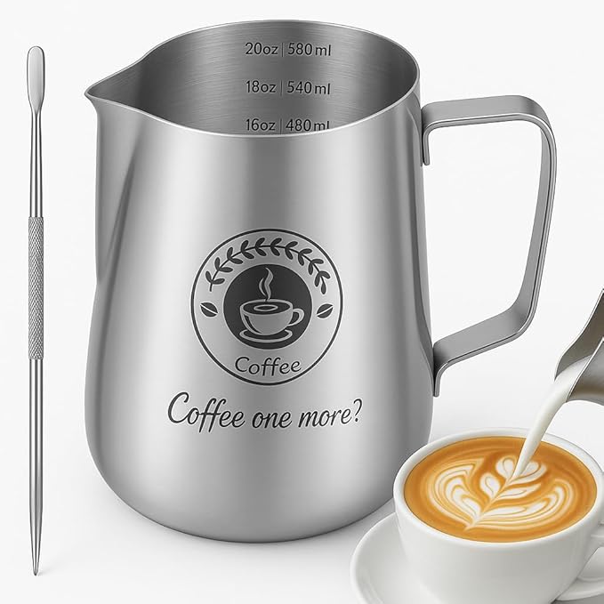Milk Frothing Pitcher 20oz, Stainless Steel Espresso Steaming Jug with Latte Art Pen, Professional Coffee Milk Frother for Latte, Cappuccino, Macchiato & Hot Chocolate