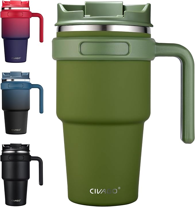 CIVAGO 20 oz Tumbler Mug with Lid and Straw, Insulated Travel Coffee Mug with Handle, Double Wall Stainless Steel Vacuum Coffee Tumbler, Thermal Coffee Cup, Flip lid, Army Green