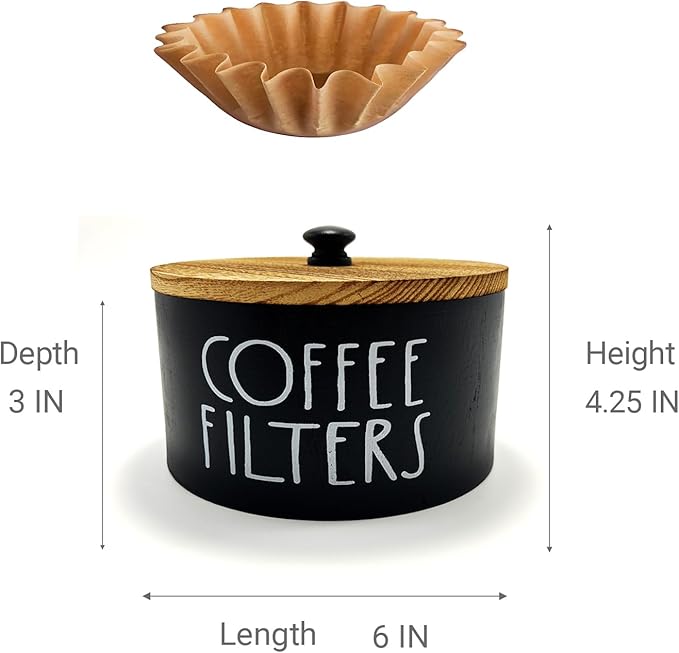 Wooden Coffee Filter Holder With Lid-Rustic Storage Container and Dispenser Basket for Coffee Bar Decor, Farmhouse Accessories(Black)